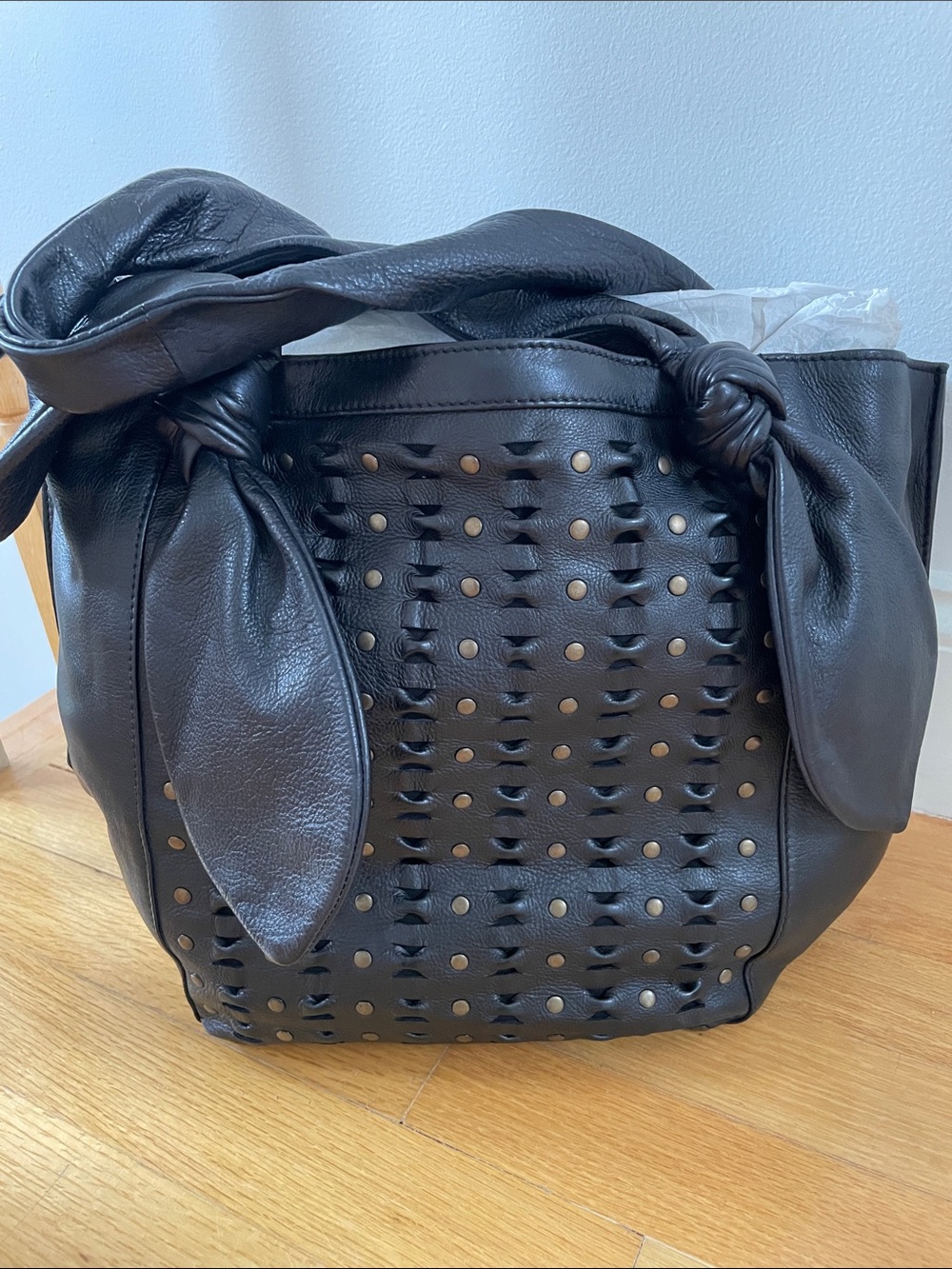Frye Black Leather Knotted Handle Shoulder Bag with Weave & Studs